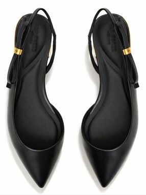 Ted Baker JANE Bow Slingback Flats Black Leather Pointed Toe Gold Detail Minimal